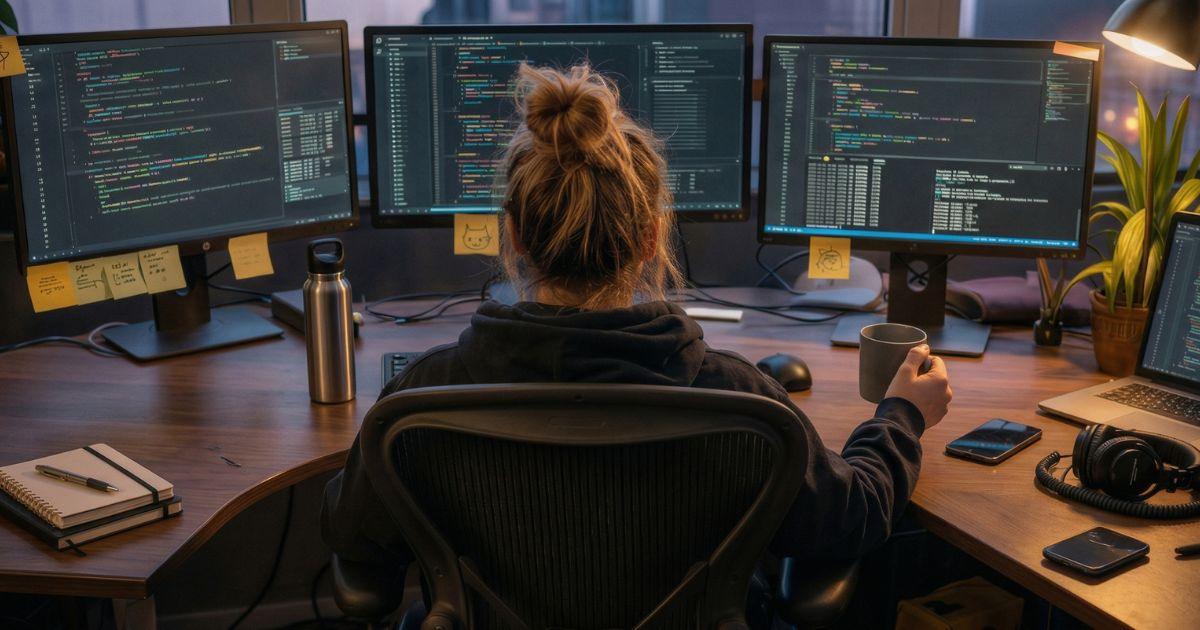 モニターに表示されたコード差分を前にレビュー方針を考えるエンジニア